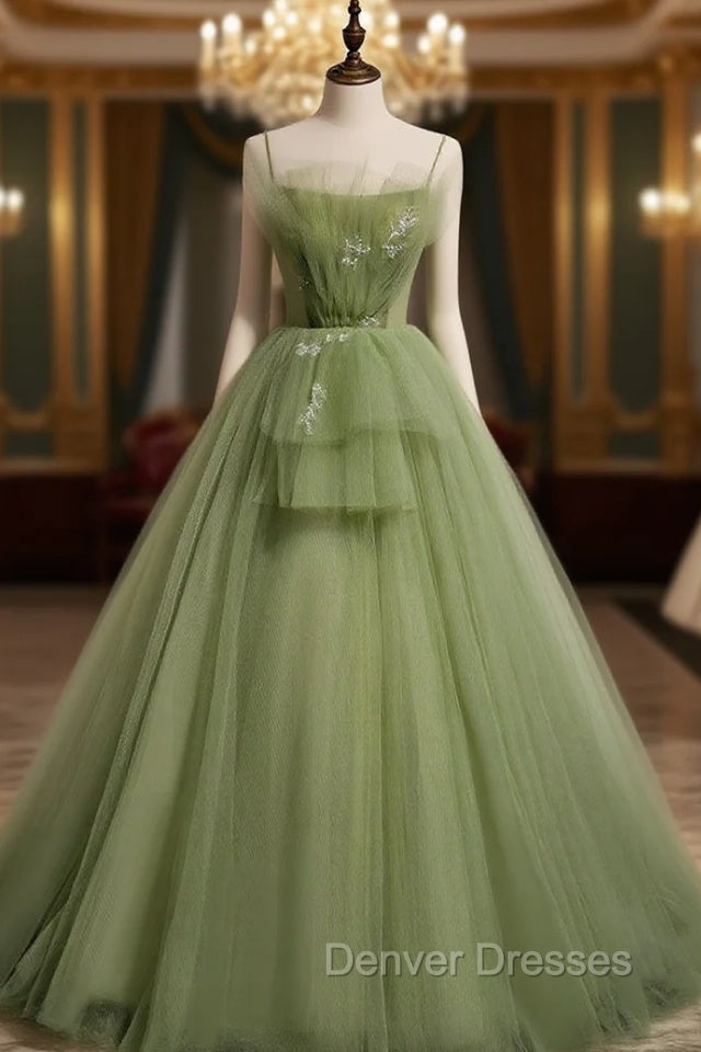 Aline Tulle Green Long Prom Dress, Green Formal Graduation Dress with Beading