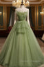 Aline Tulle Green Long Prom Dress, Green Formal Graduation Dress with Beading