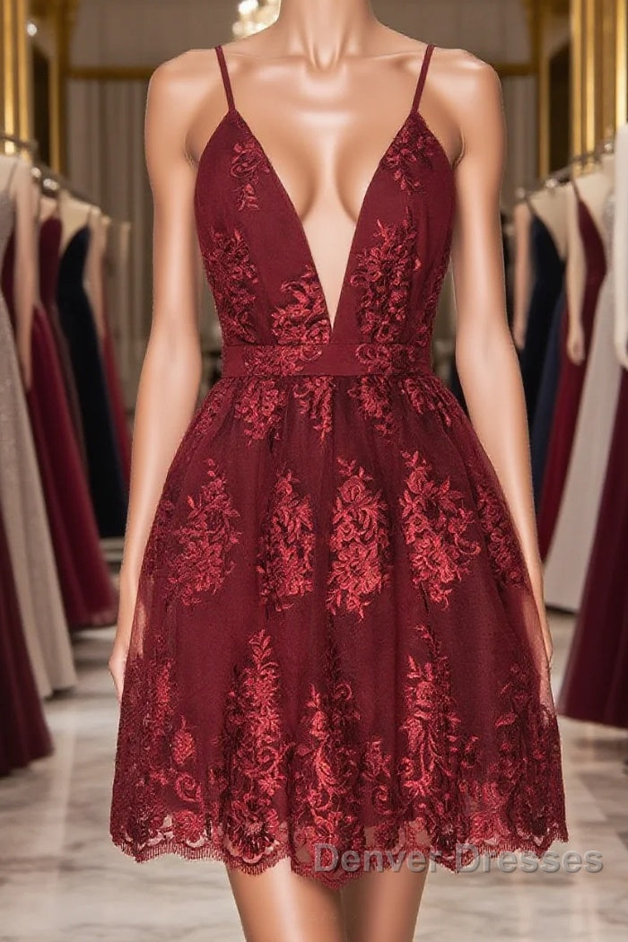 Aline v neck tulle lace short burgundy prom Dress, backless burgundy homecoming Dress