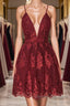 Aline v neck tulle lace short burgundy prom Dress, backless burgundy homecoming Dress