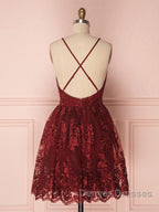Aline v neck tulle lace short burgundy prom Dress, backless burgundy homecoming Dress