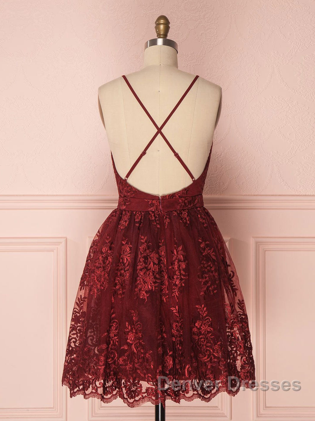 Aline v neck tulle lace short burgundy prom Dress, backless burgundy homecoming Dress