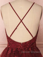 Aline v neck tulle lace short burgundy prom Dress, backless burgundy homecoming Dress