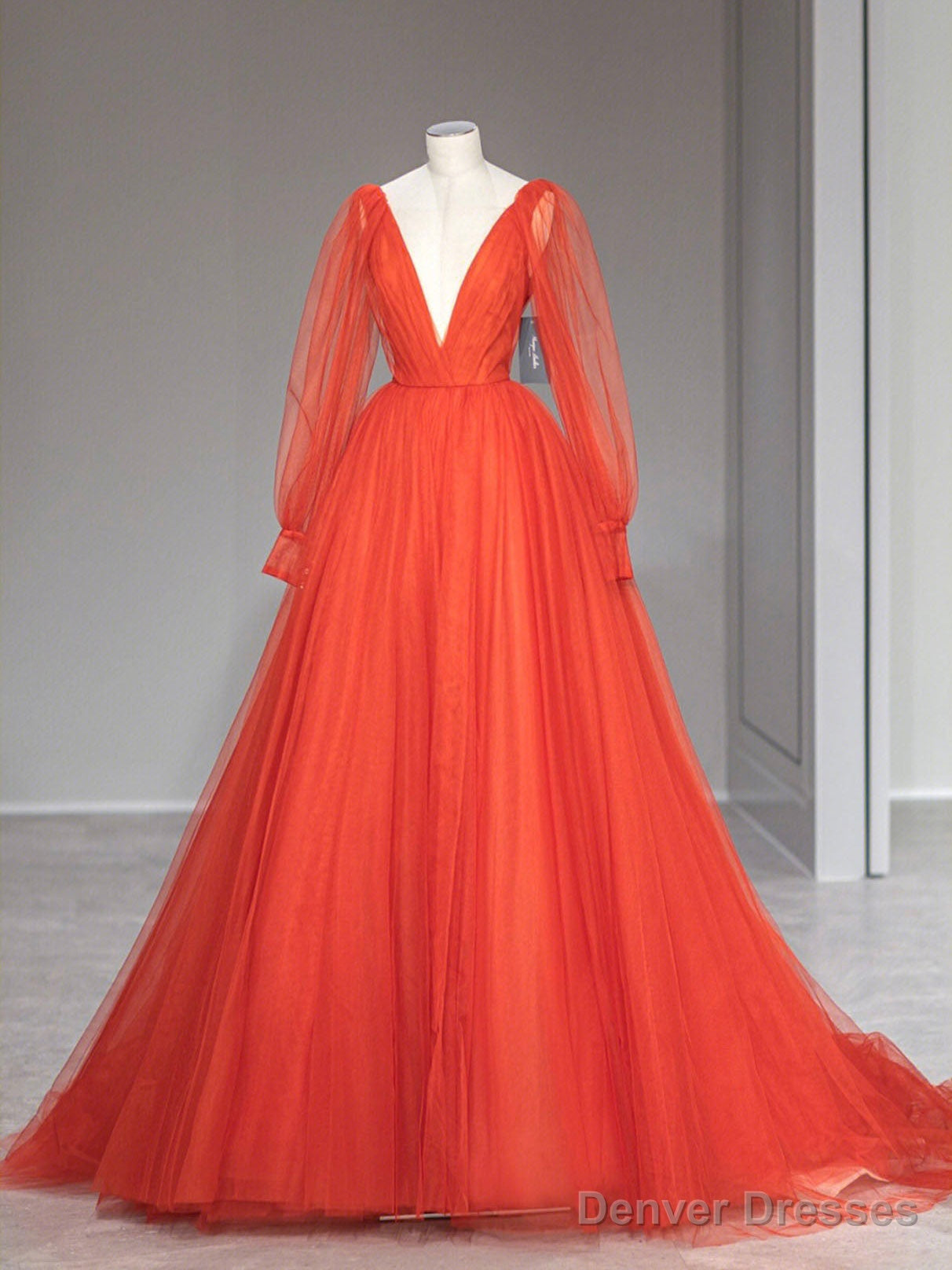 Aline V Neck Tulle Orange Long Prom Dress, Orange Formal Party Dress