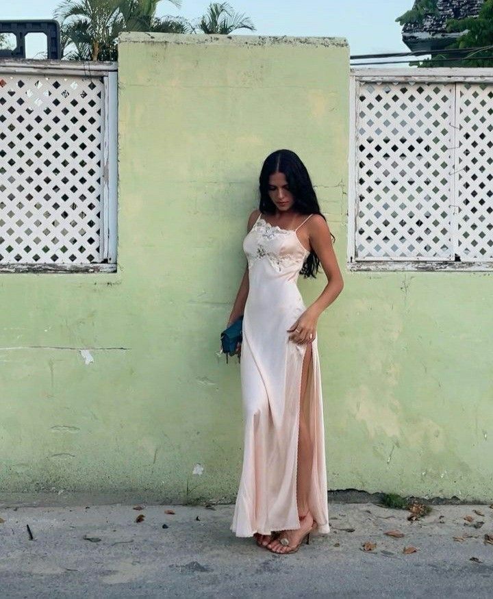 Simple A Line Spaghetti Strap Lace Satin Party Dress Wedding Guest Dress With Slit