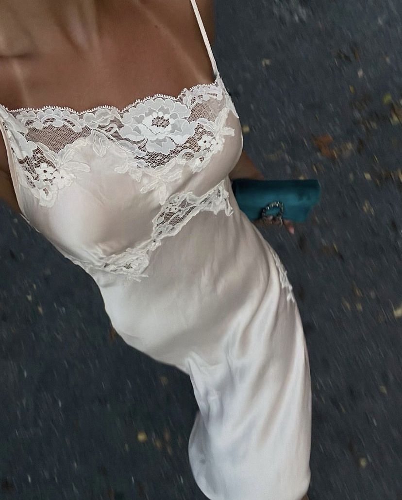 Simple A Line Spaghetti Strap Lace Satin Party Dress Wedding Guest Dress With Slit Main image