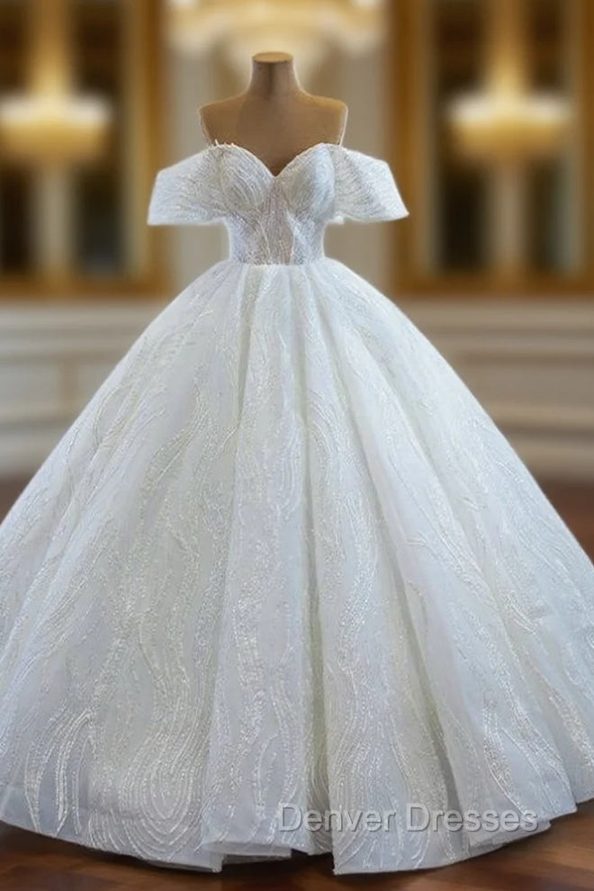 Amazing &amp; Affordable White Ball Gown Tulle Sequins Off the Shoulder Floor Length Wedding Dress Main image