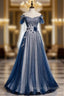 Amazing Blue Tulle Sequins Off the Shoulder Beading Prom Dress