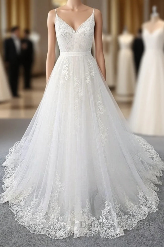 Amazing Long A-line V-neck Ruffle Appliques Tulle Wedding Dress Main image
