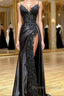 Amazing Long Black V-neck Spaghetti Straps Lace Sleeveless Prom Dress Long Slit Online