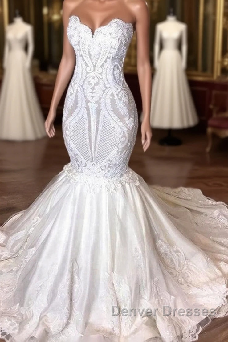 Amazing Long Mermaid Strapless Appliques Lace Wedding Dress Main image