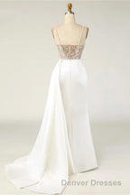 Amazing Long Mermaid Strapless Sequins Pearls Satin Formal Prom Dress