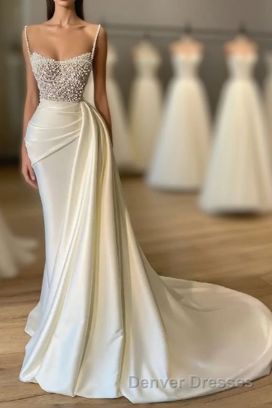 Amazing Long Mermaid Strapless Sequins Pearls Satin Formal Prom Dress Main image