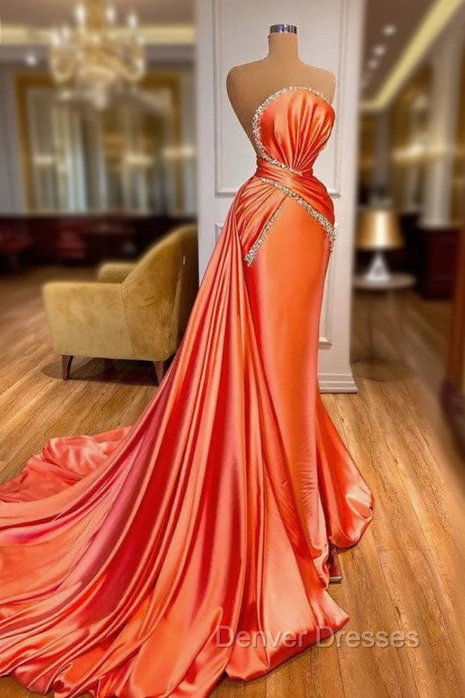 Amazing Orange Crystal Mermaid Prom Dress With Detachable Train