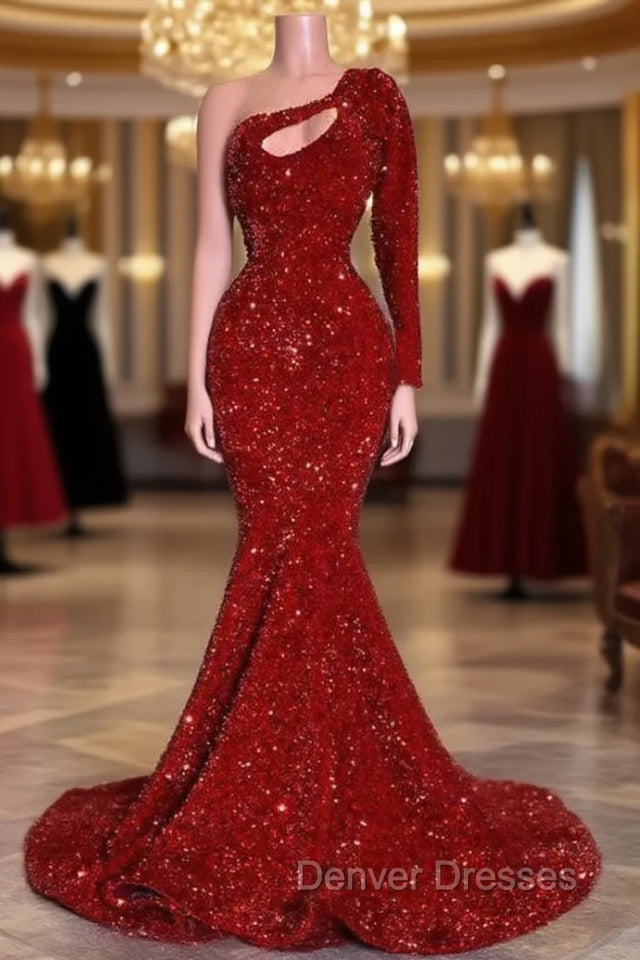 Amazing Red Long Sleeves Prom Dress One-Shoulder Mermaid With Sequins Main image