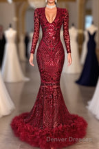 Amazing Sequins V-neck Long Sleeve Mermaid Prom Dress