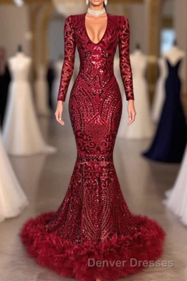 Amazing Sequins V-neck Long Sleeve Mermaid Prom Dress
