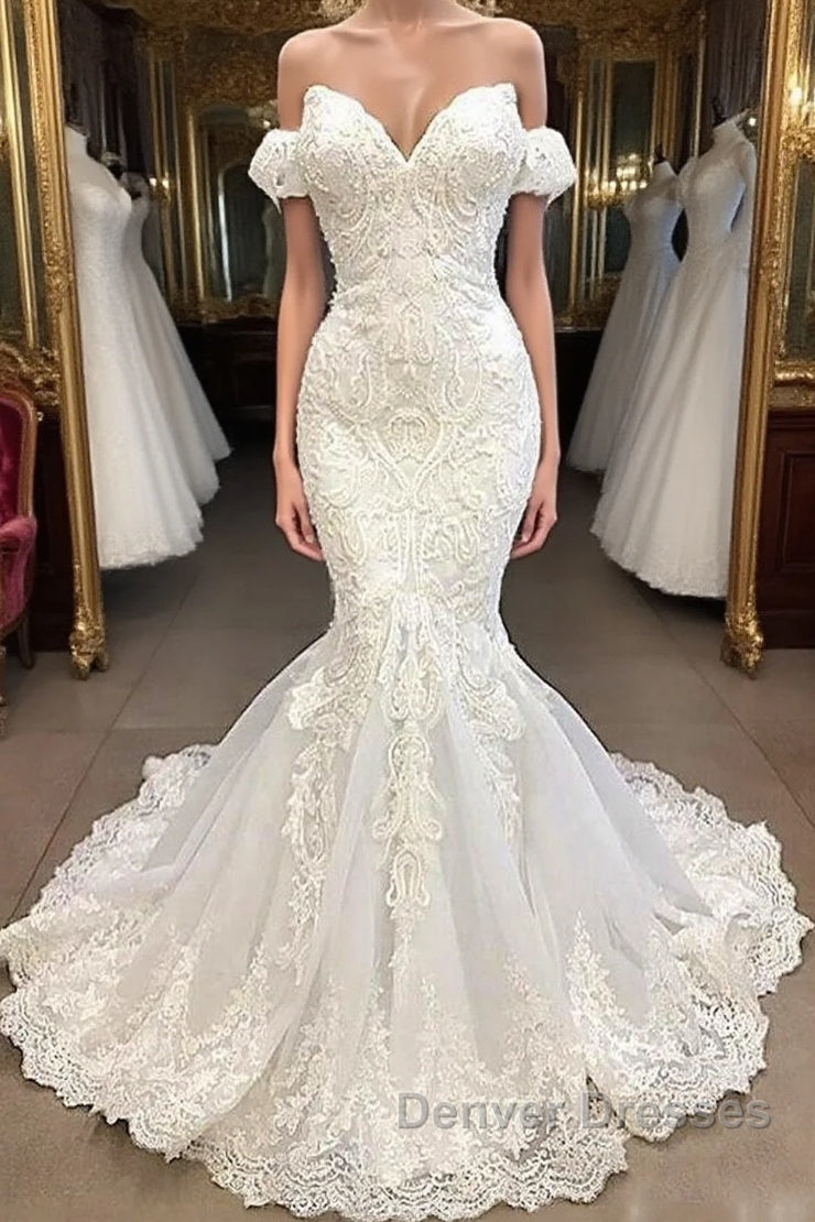 Amazing Sweetheart Mermaid White Wedding Dress Off the shoulder Lace Bridal Gowns Online Main image