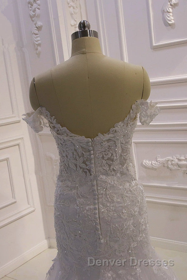 Amazing White 3D Lace applique Off the Shoulder Mermaid Bridal Gowns Secondary image