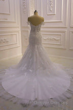 Amazing White 3D Lace applique Off the Shoulder Mermaid Bridal Gowns