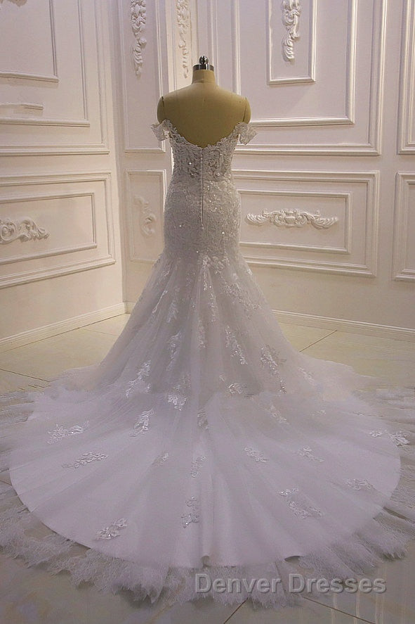 Amazing White 3D Lace applique Off the Shoulder Mermaid Bridal Gowns
