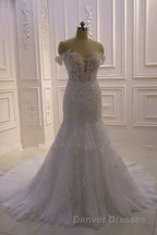 Amazing White 3D Lace applique Off the Shoulder Mermaid Bridal Gowns