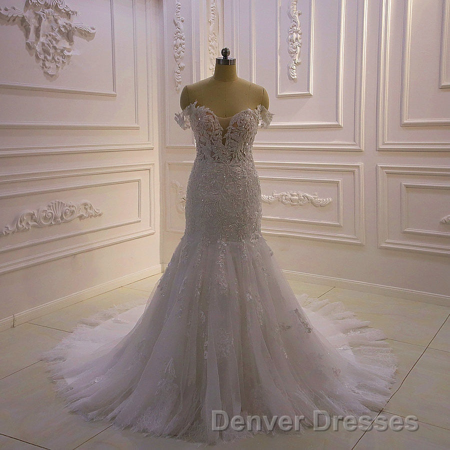 Amazing White 3D Lace applique Off the Shoulder Mermaid Bridal Gowns