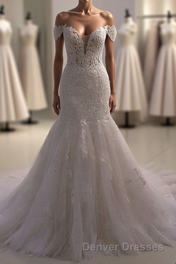 Amazing White 3D Lace applique Off the Shoulder Mermaid Bridal Gowns Main image