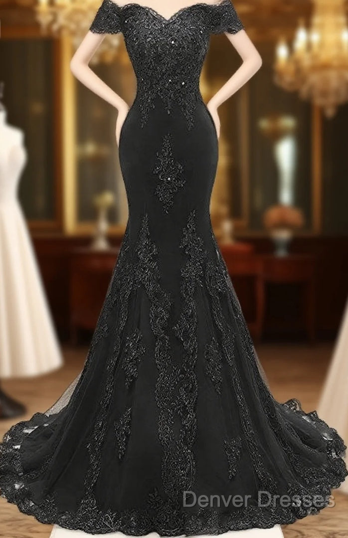 Applique Off The Shoulder Black Mermaid Long Evening Dress Main image