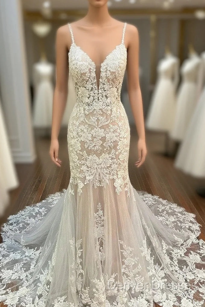 Appliques Backless Trumpet Long Wedding Dress Main image