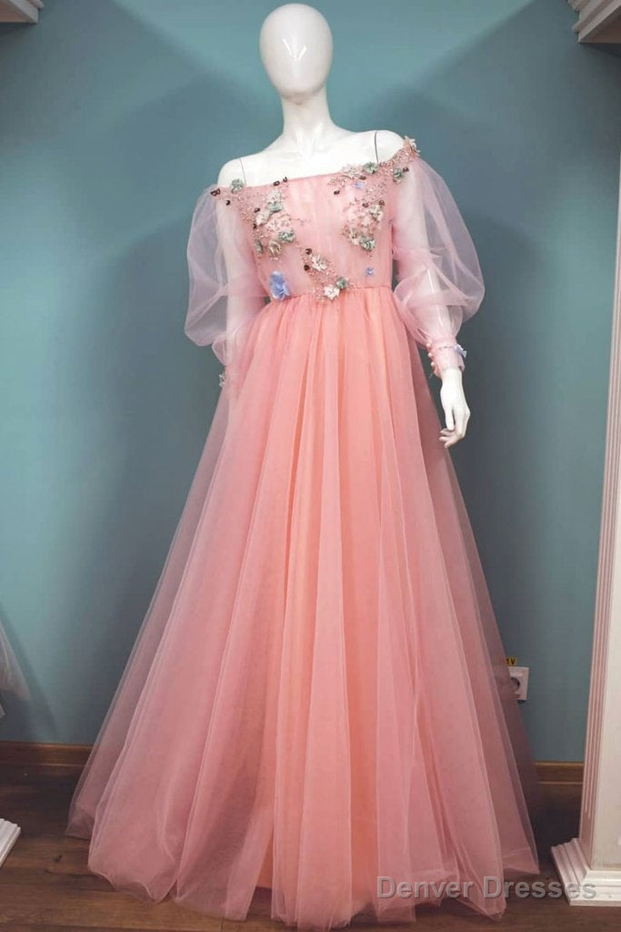 Appliques Flower Pink Tulle Lace Long Sleeves Prom Dress