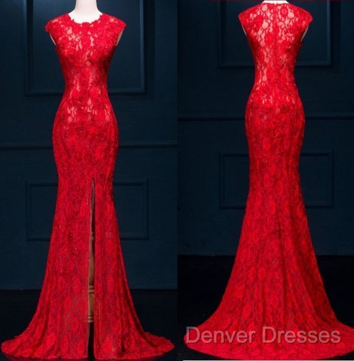Appliques Lace Mermaid Evening Dress, Sexy Red Long Prom Dress Main image