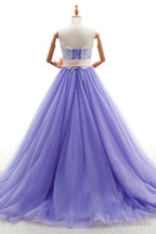 Appliques Long Purple Tulle Lace Prom Dress With Belt
