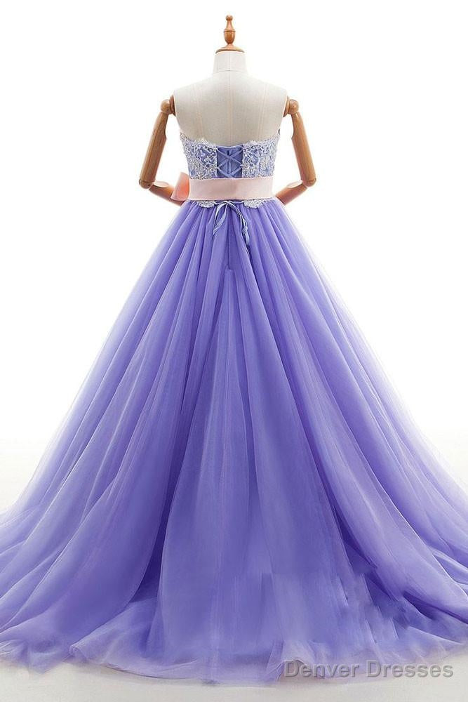 Appliques Long Purple Tulle Lace Prom Dress With Belt