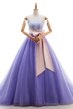 Appliques Long Purple Tulle Lace Prom Dress With Belt