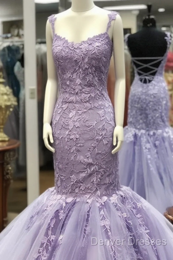 Appliques Mermaid Backless Lavender Straps Purple Lace Prom Dress