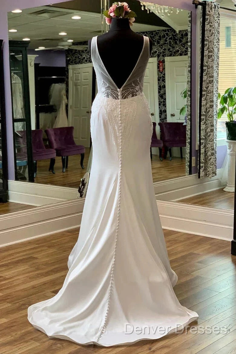 Appliques Sheer Straps Open Back Mermaid Long Wedding Dress Secondary image