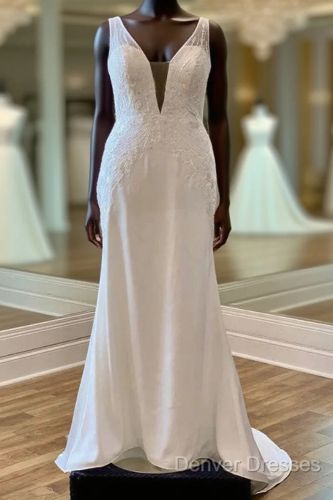 Appliques Sheer Straps Open Back Mermaid Long Wedding Dress Main image