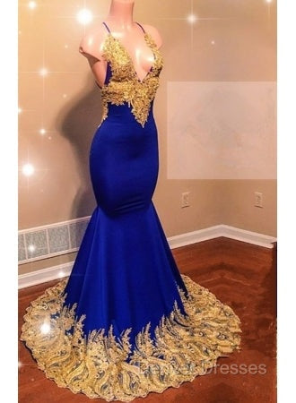 Appliques Spaghetti Sleeveless V-neck Mermaid Prom Dress