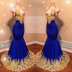Appliques Spaghetti Sleeveless V-neck Mermaid Prom Dress
