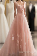 Appliques Straps Long Pink Tulle Flowers Prom Dress