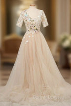 Appliques Tulle Lace Light Champagne Long Prom Dress