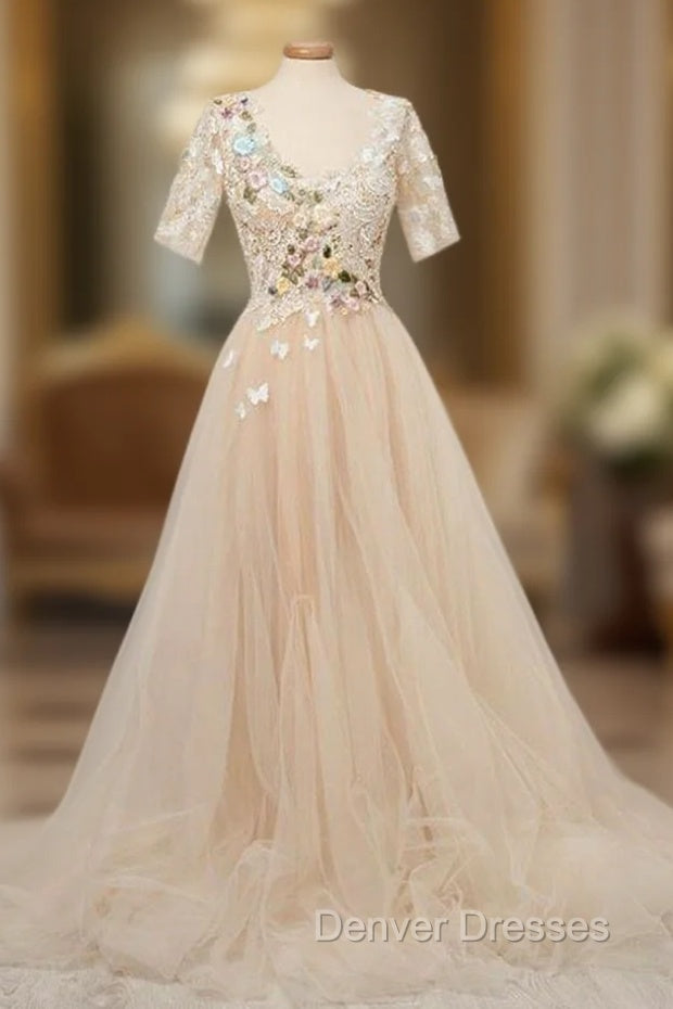 Appliques Tulle Lace Light Champagne Long Prom Dress