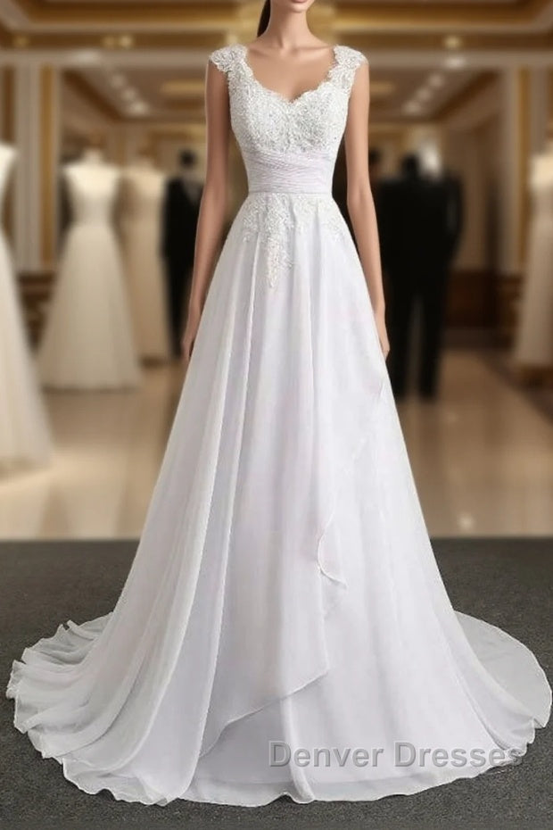 Appliques V-Neck Lace-Up Chiffon Wedding Dress