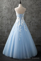 Appliques White Lace Strapless Sweetheart Light Blue Prom Dress