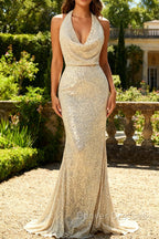 Apricot Mermaid Halter Sequins Open Back Long Prom Dress