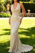 Apricot Mermaid Halter Sequins Open Back Long Prom Dress