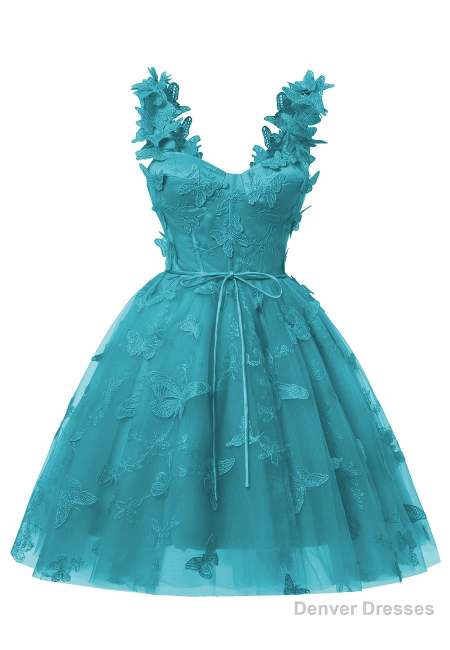 Aqua Blue 3D Butterfly Lace Applique Tulle Homecoming Dress for Teens Sweetheart Mini Short Prom Dresses Main image