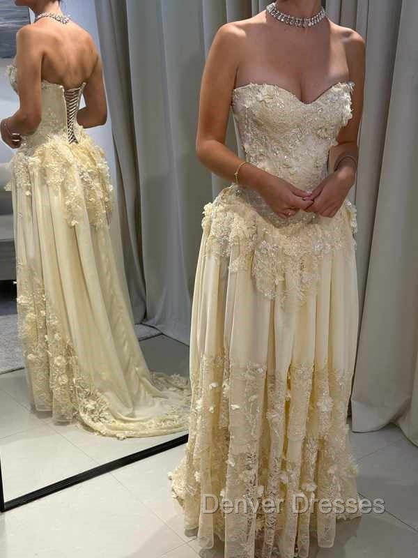 Aristocratic A-line Sweetheart Appliques Lace Sweep Train Chiffon Corset Prom Dress Secondary image