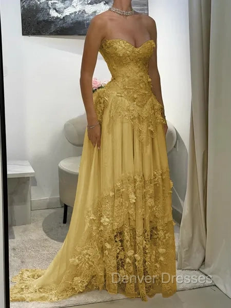 Aristocratic A-line Sweetheart Appliques Lace Sweep Train Chiffon Corset Prom Dress